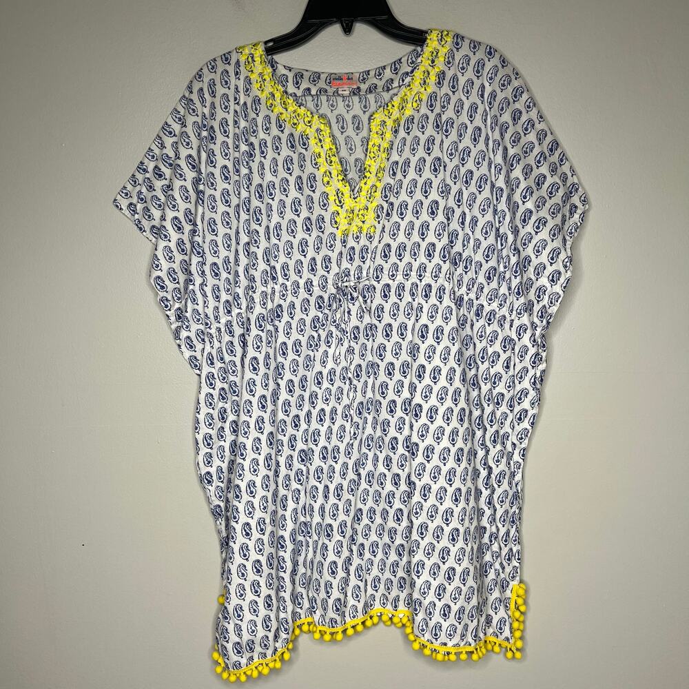 Stella & Dot Paisley Print Beach Cover-Up Yellow Pom-Pom Trim OS Resort Vacation
